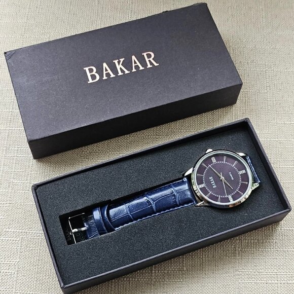 Other - Vintage Bakar Men Wristwatch Blue Leather Strap Quartz Analog Wrist Watch in box